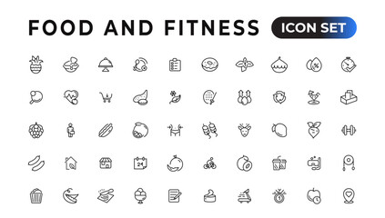Food and fitness linear icons collection.Set of thin line web icon set, simple outline icons collection, Pixel Perfect icons, Simple vector illustration.