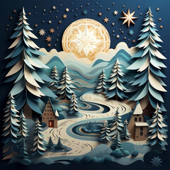 A snowy landscape with a cozy cabin in a paper cut 3d style