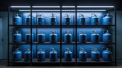 Lots of pressurized blue gas tanks. Gas industry, natural gas production and storage. Pressure gas cylinders in the manufacturing industry. - obrazy, fototapety, plakaty