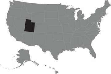 Black CMYK federal map of UTAH inside detailed gray blank political map of the United States of America on transparent background