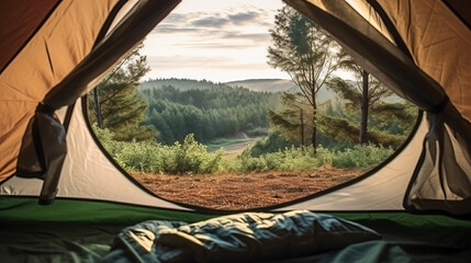 A camping tent in a nature hiking spot, view from inside the tent