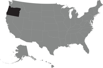 Black CMYK federal map of OREGON inside detailed gray blank political map of the United States of America on transparent background