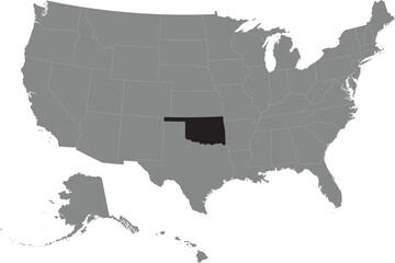 Black CMYK federal map of OKLAHOMA inside detailed gray blank political map of the United States of America on transparent background