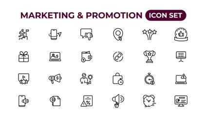 Marketing and promotion linear icons collection.Set of thin line web icon set, simple outline icons collection, Pixel Perfect icons, Simple vector illustration.