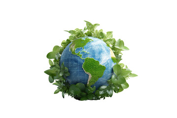 Earth day concept with 3d globe and leaves Isolated on a white Background PNG