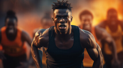 Black young athlete running at sports competitions - obrazy, fototapety, plakaty