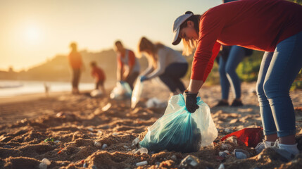 close up volunteers picking up plastic trash on the beach. - obrazy, fototapety, plakaty