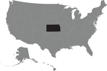 Black CMYK federal map of KANSAS inside detailed gray blank political map of the United States of America on transparent background