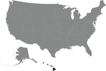 Black CMYK federal map of HAWAII inside detailed gray blank political map of the United States of America on transparent background
