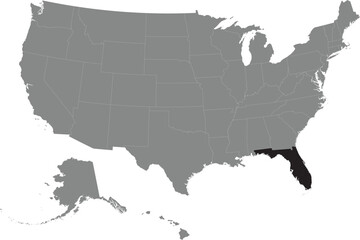Black CMYK federal map of FLORIDA inside detailed gray blank political map of the United States of America on transparent background