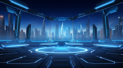 empty futuristic space ship deck background with blue light.
