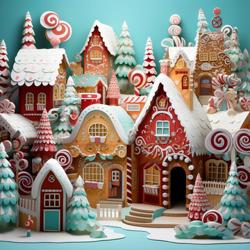Gingerbread Houses in a paper cut 3d style