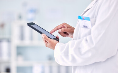 Doctor, phone and hands typing in research, social media or communication and networking at hospital. Closeup of medical nurse or healthcare professional on mobile smartphone for health app at clinic