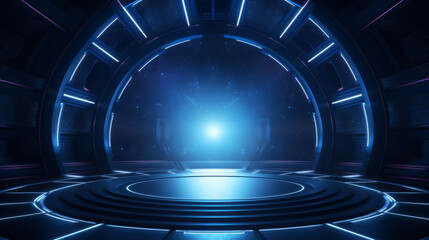 empty futuristic space ship deck background with blue light.