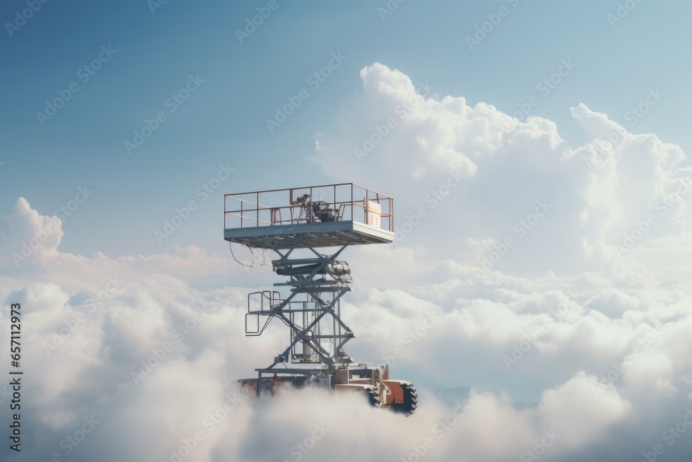 Aufkleber a man sitting on top of a tower in the clouds. this image can be used to depict solitude, adventure,
