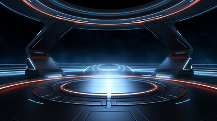 empty futuristic space ship deck background with blue light.