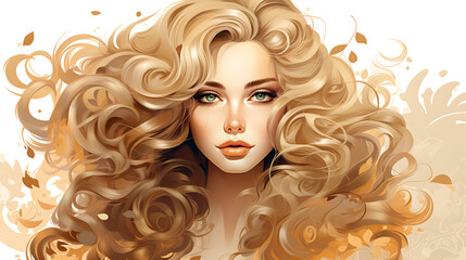 Girl with curly blond lush hair, luxury and premium illustration for advertising product design