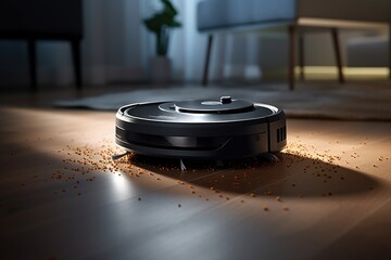 A Roomba vacuum cleaner sits on the floor next to a chair. This versatile cleaning device can be used in various settings to keep your space clean and tidy.
