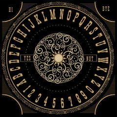 Graphic template inspired by Ouija Board. Black and gold symbols of moon ,sun, texts and alphabet and, celtic shapes. Gothic typography. Ghosts and demons calling game.