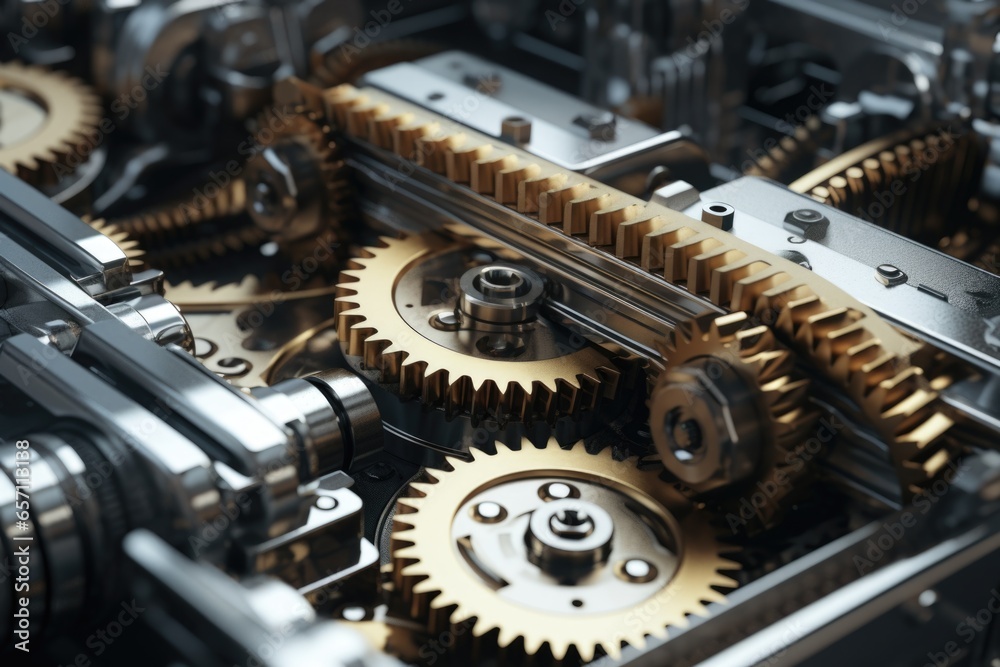 Poster A close-up view of the gears inside a machine. This image can be used to illustrate the intricate workings of machinery or to represent the concept of precision and efficiency.