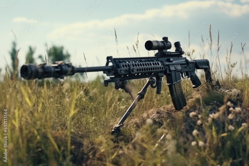 Poster a machine gun is positioned on top of a grass-covered field. this image can be used to depict milita