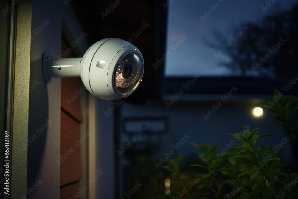 Poster a security camera mounted on the side of a house. can be used for monitoring and surveillance purpos
