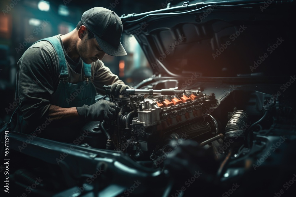 Poster a man is seen working on a car engine in a garage. this image can be used to depict car repairs or m