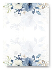 Minimalist wedding card template with blue gardenia flower watercolor. Rustic theme border wedding card invitation.