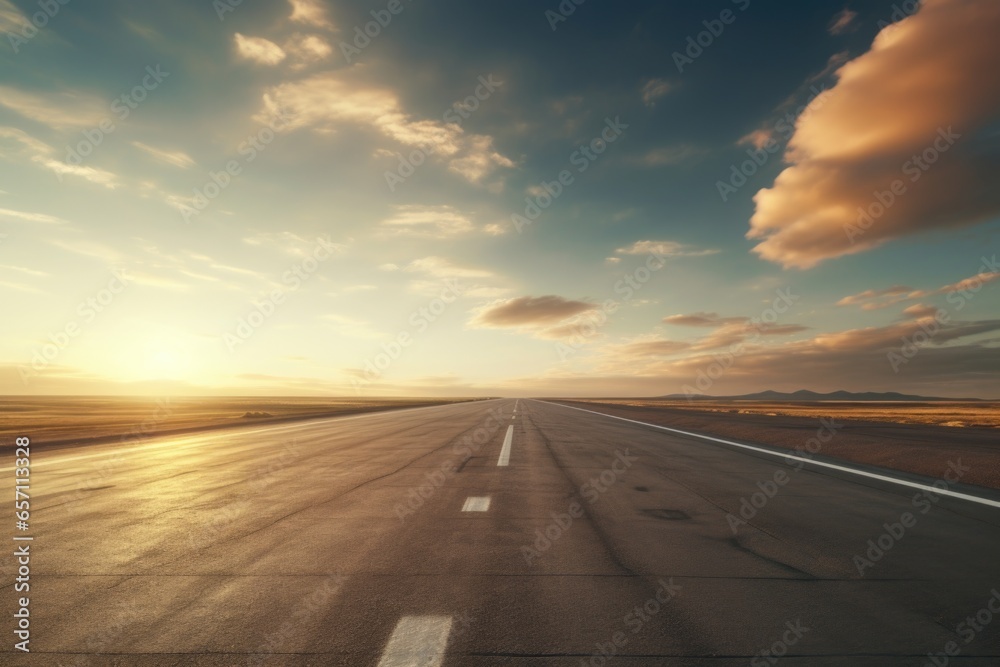 Aufkleber An empty runway in the middle of the desert. This image can be used to depict isolation, vastness, or the concept of a remote location.