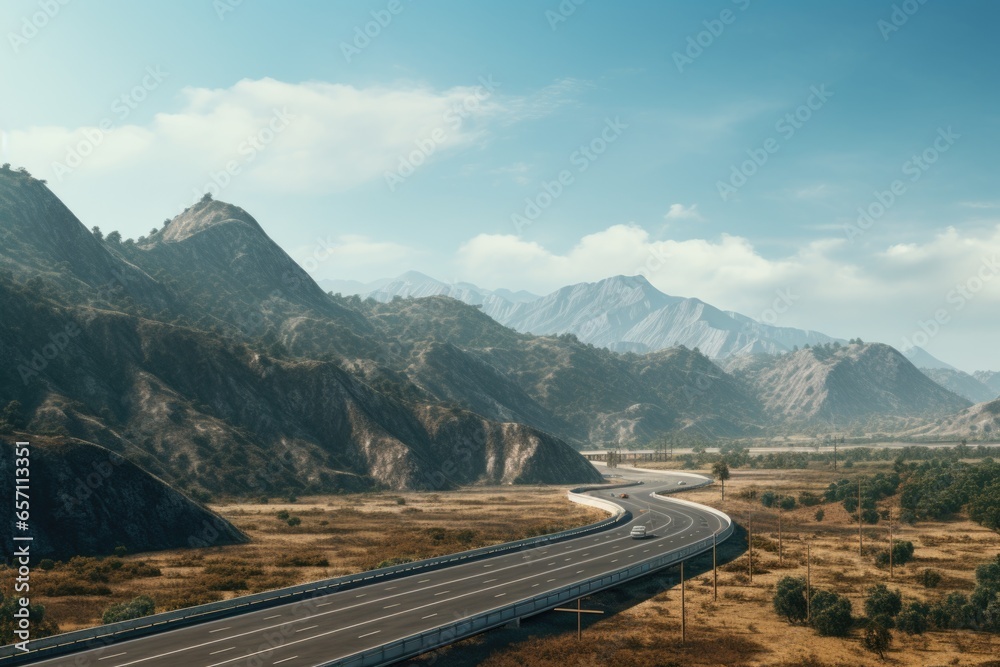 Poster a view of a highway with majestic mountains in the background. perfect for travel and adventure them