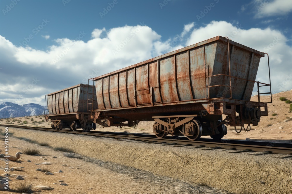 Poster a rusty train car sitting on a train track. this image can be used to depict abandoned or neglected 