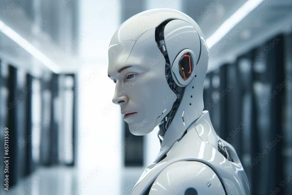 Poster a robot wearing headphones is pictured in a hallway. this image can be used to represent technology,