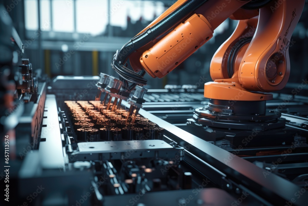 Poster A robot is seen diligently working on a conveyor belt. This image can be used to depict automation, manufacturing, or technology in various industries.