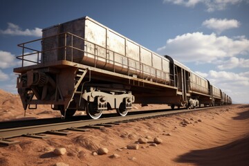 Fototapeta na wymiar A train traveling down train tracks in the desert. Perfect for travel and adventure concepts.