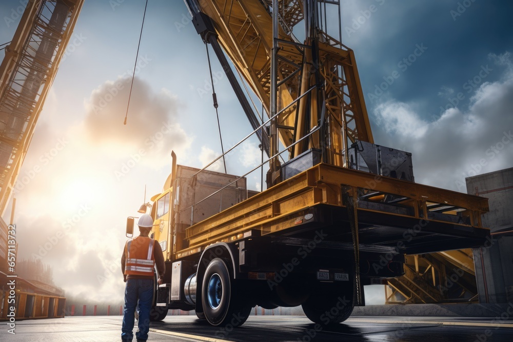 Poster A construction worker standing in front of a large crane. This image can be used to depict construction projects, industrial work, or the construction industry.
