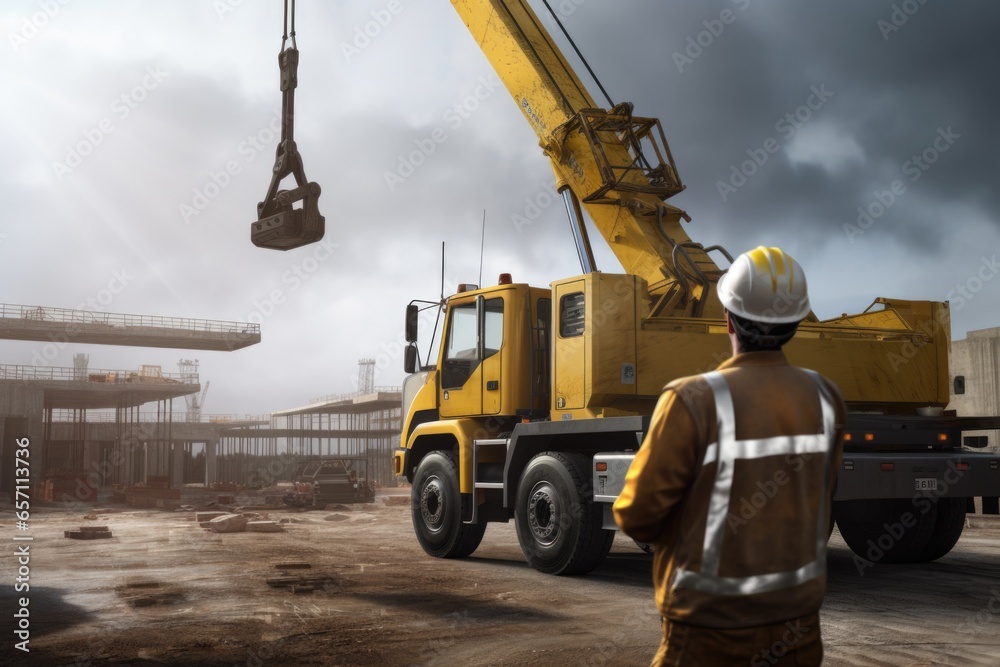 Aufkleber a construction worker standing in front of a crane. this image can be used to illustrate constructio