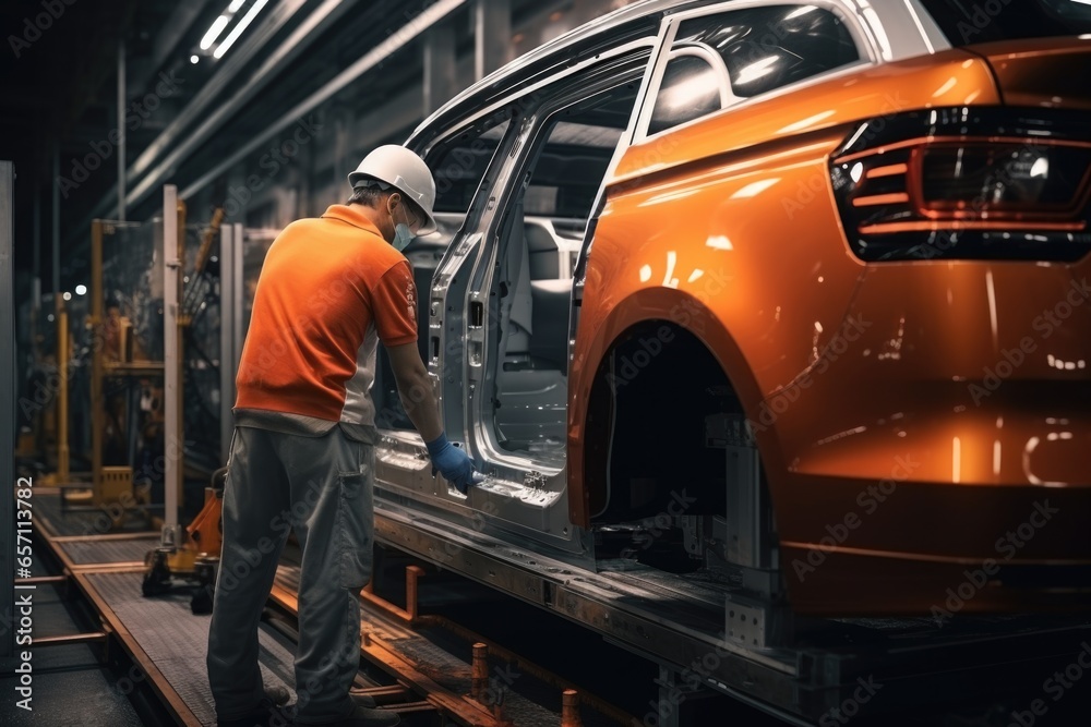Poster a man is seen working on a car in a factory. this image can be used to illustrate automotive manufac