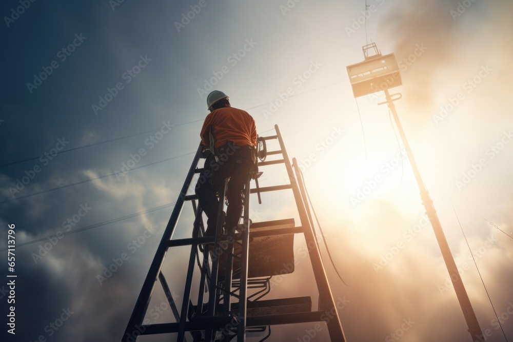 Poster A man standing on top of a metal ladder. This versatile image can be used to depict concepts of success, achievement, determination, and overcoming obstacles.