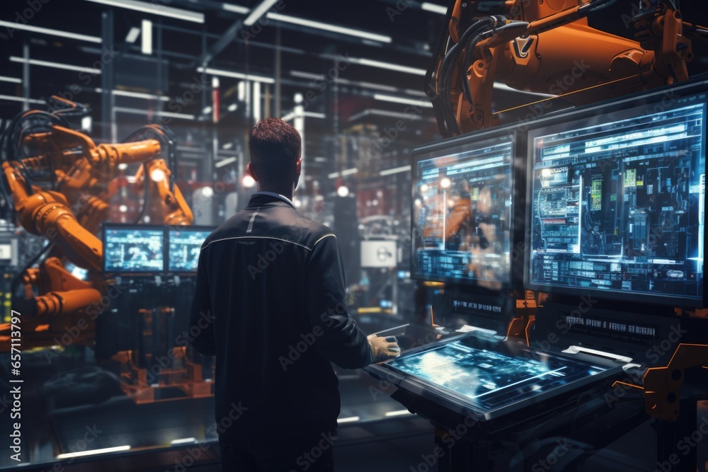 Poster A man standing in front of a computer screen. This picture can be used to represent technology, work, or online communication.