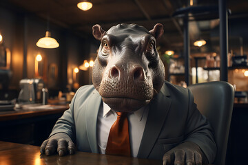 Friendly hippo in business suit in modern office. - obrazy, fototapety, plakaty