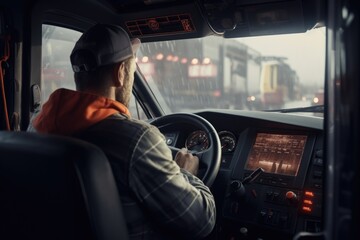 A picture of a man driving a truck in the rain. This image can be used to depict transportation, weather conditions, or a day on the road. Suitable for various projects and designs. - obrazy, fototapety, plakaty