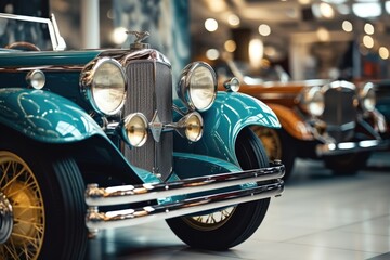 A vintage car parked inside a showroom. This image can be used for showcasing classic car collections or in articles about car exhibitions.