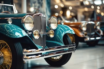 Photo sur Plexiglas Voitures anciennes A vintage car parked inside a showroom. This image can be used for showcasing classic car collections or in articles about car exhibitions.