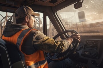 A man is pictured driving a truck on a bridge. This image can be used to depict transportation, travel, or the concept of moving forward. - obrazy, fototapety, plakaty