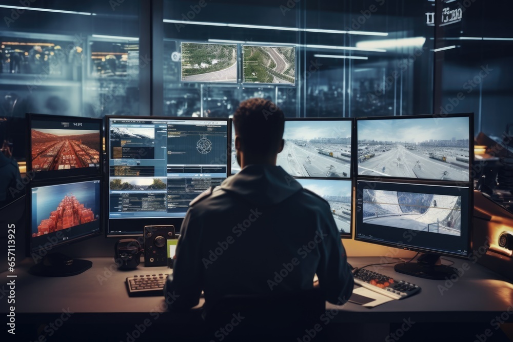 Aufkleber A man is sitting at a desk with multiple monitors, focused on his work. This image can be used to depict a professional working environment or a technology-related concept.