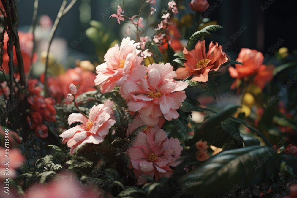 Poster A bunch of pink flowers in a garden. Perfect for adding a touch of color to any project or design.