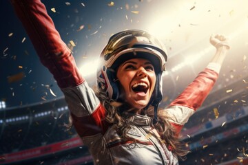 A woman wearing a helmet raises her arms in the air. This image can be used to depict excitement, victory, or celebration.