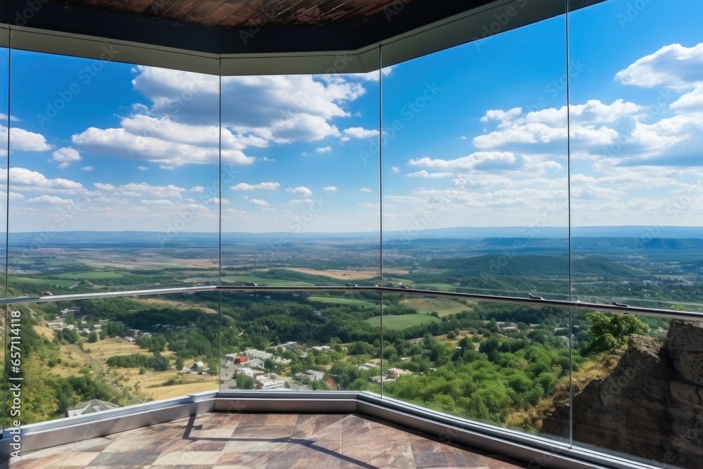 Poster a breathtaking view of a valley captured from the top of a building. this image can be used to depic
