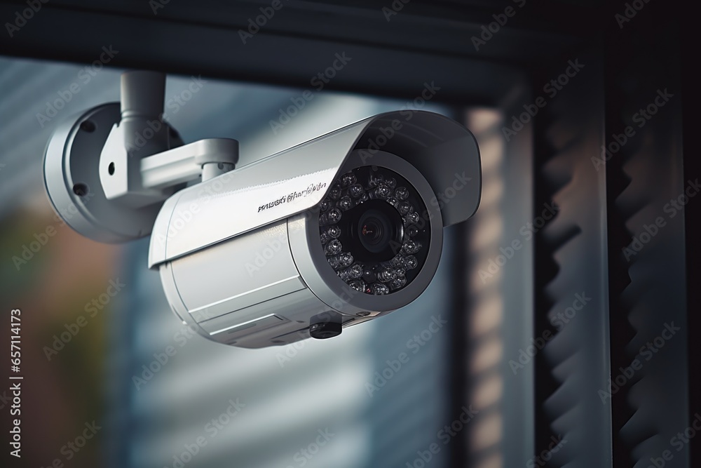 Poster a security camera mounted on the side of a building. this image can be used to depict surveillance, 