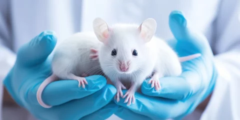Fotobehang Laboratory mice in the hand of a scientist in a white coat close-up , concept of Animal testing © koldunova